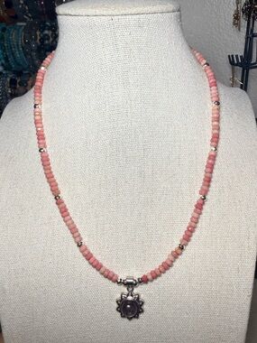 Rhodonite Beaded Necklace Purple Mica Pendant 16” Dainty Gemstone